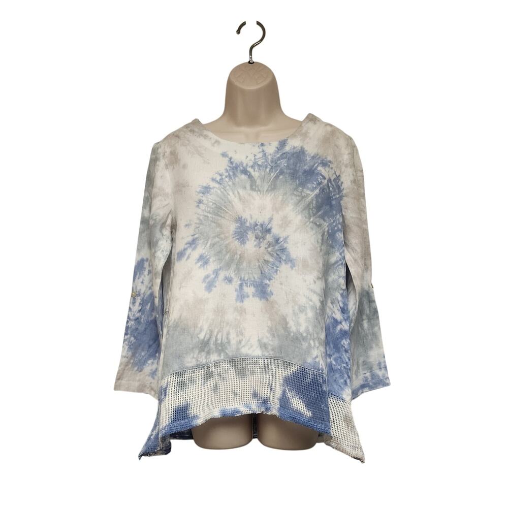 Ali Miles Tan/Blue Spiral Tie-Dye Long Sleeves Tunic Blouse Size Small